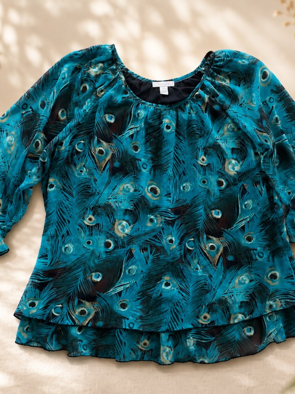 Dressbarn 1X Teal Peacock Feather Print Chiffon Blouse Ruffle Sleeve Top